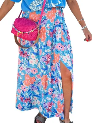 Women's Boho Floral Print Maxi Skirt Fashion Side Slit Elastic High Waist Skirts Casual Loose Fit Vacation Outfits