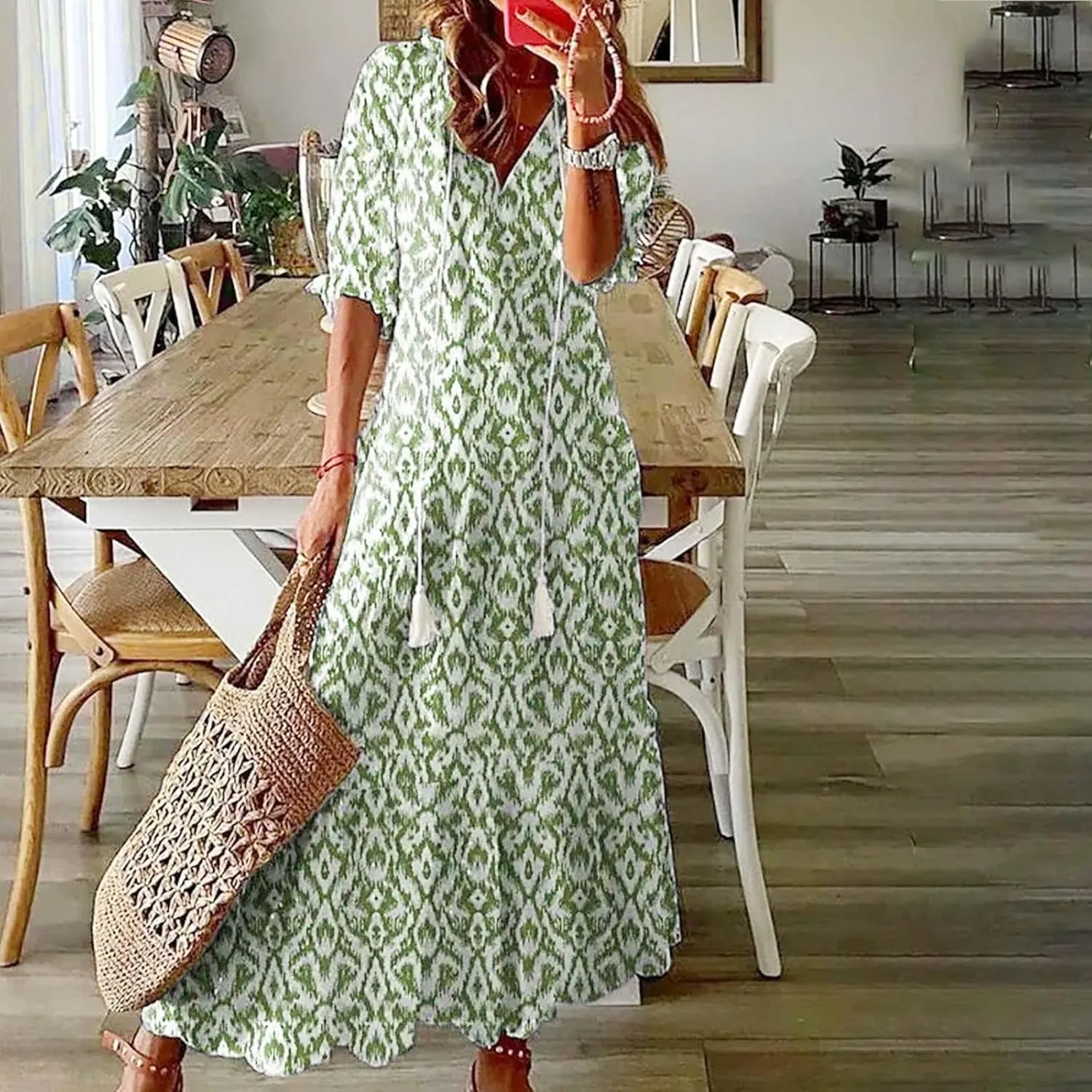 Womens Boho Flowy Maxi Dresses 2024 Summer V Neck Short Sleeve Bohemian Casual Beach Vacation Tropical Hawaiian Sundress