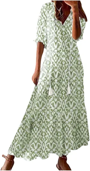 Womens Boho Flowy Maxi Dresses 2024 Summer V Neck Short Sleeve Bohemian Casual Beach Vacation Tropical Hawaiian Sundress