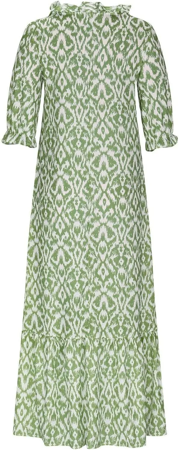 Womens Boho Flowy Maxi Dresses 2024 Summer V Neck Short Sleeve Bohemian Casual Beach Vacation Tropical Hawaiian Sundress