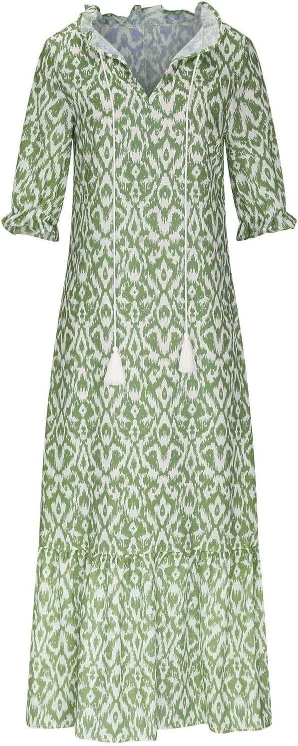 Womens Boho Flowy Maxi Dresses 2024 Summer V Neck Short Sleeve Bohemian Casual Beach Vacation Tropical Hawaiian Sundress