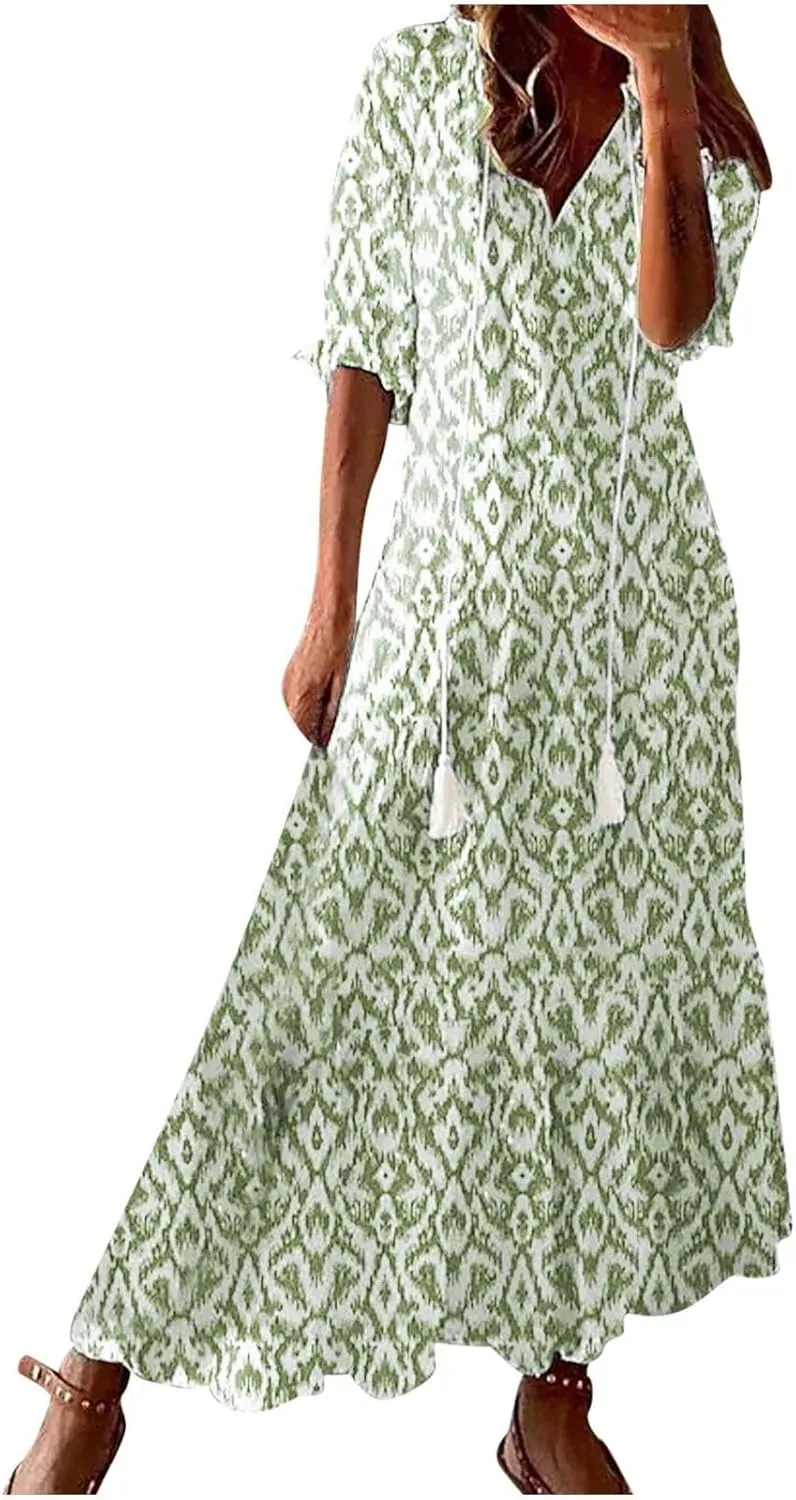 Womens Boho Flowy Maxi Dresses 2024 Summer V Neck Short Sleeve Bohemian Casual Beach Vacation Tropical Hawaiian Sundress