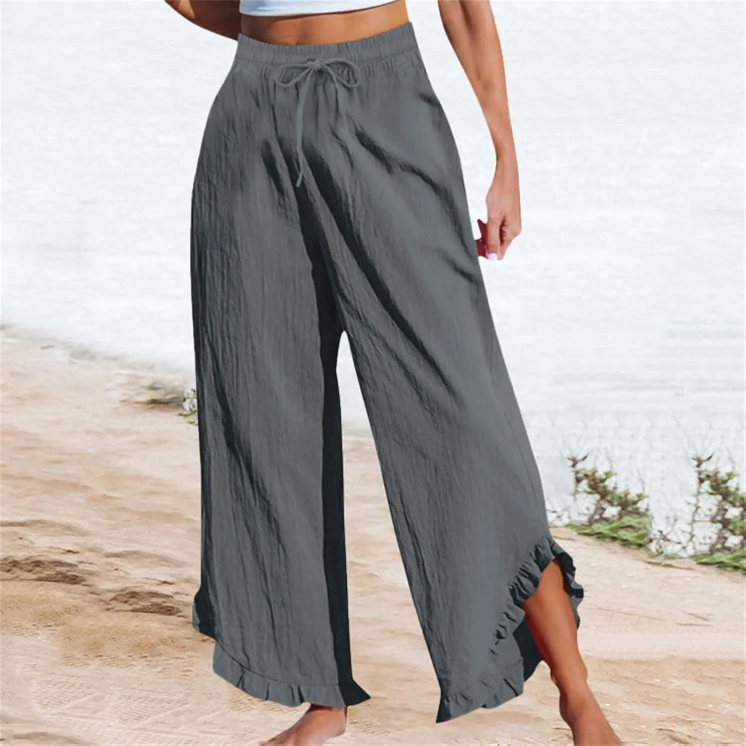Womens Business Casual Linen Pants, 2025 Loose Fit Long Trousers 2025 Spring High Waist Knit Sweatpants with Pockets