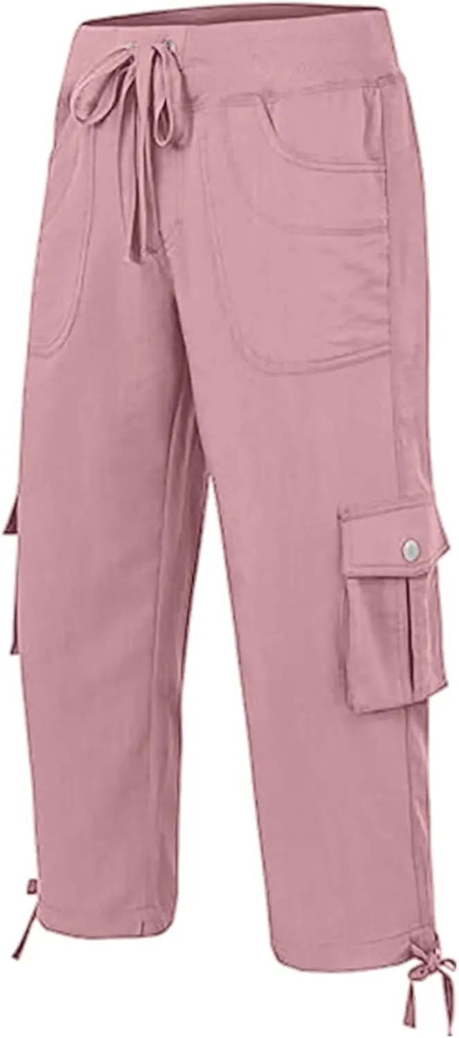 Womens Cargo Pants Casual Y2K Capris Drawstring Waist Travel Gym Hiking Pants Baggy Trendy Multiple Pockets Trousers