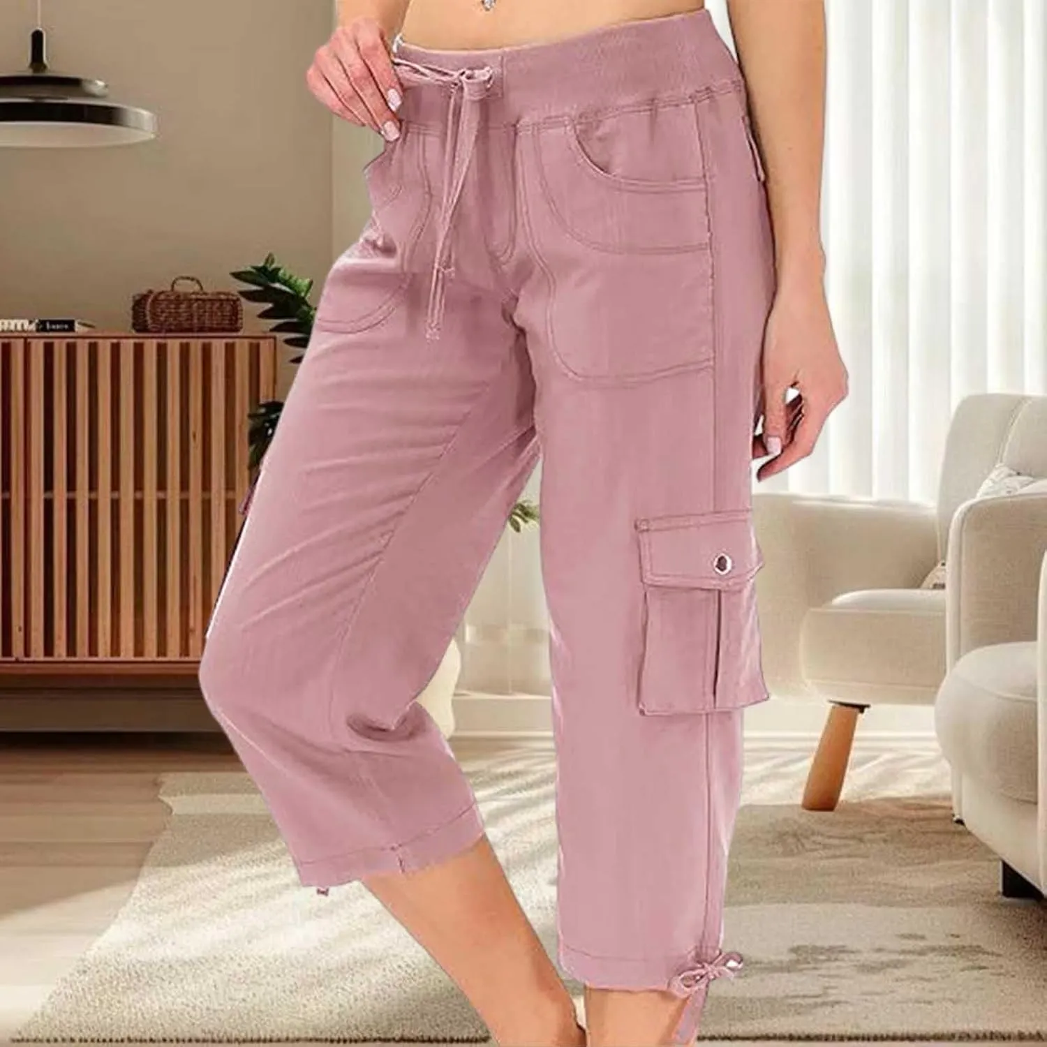Womens Cargo Pants Casual Y2K Capris Drawstring Waist Travel Gym Hiking Pants Baggy Trendy Multiple Pockets Trousers
