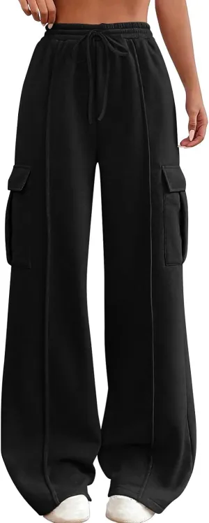 Womens Cargo Sweatpants with Pockets Wide Leg Baggy High Waisted Sweats Pants Drawstring Waist Athletic Trousers