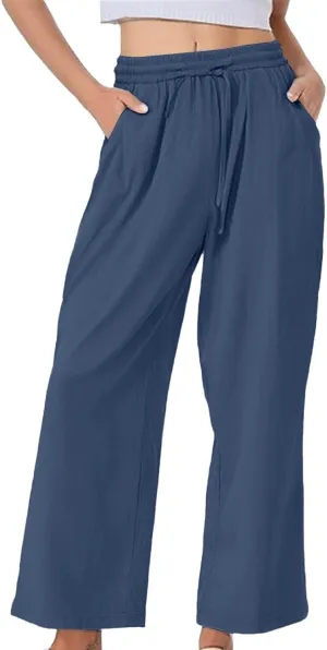 Womens Casual Cotton Linen Pants 2025 Drawstring Elastic Waist Solid Plus Size Lounge Long Trousers with Pockets