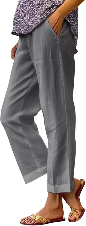 Women's Casual Cotton Linen Pants Solid Vintage Elastic Waisted Drawstring Summer Beach Baggy Capri with Pockets