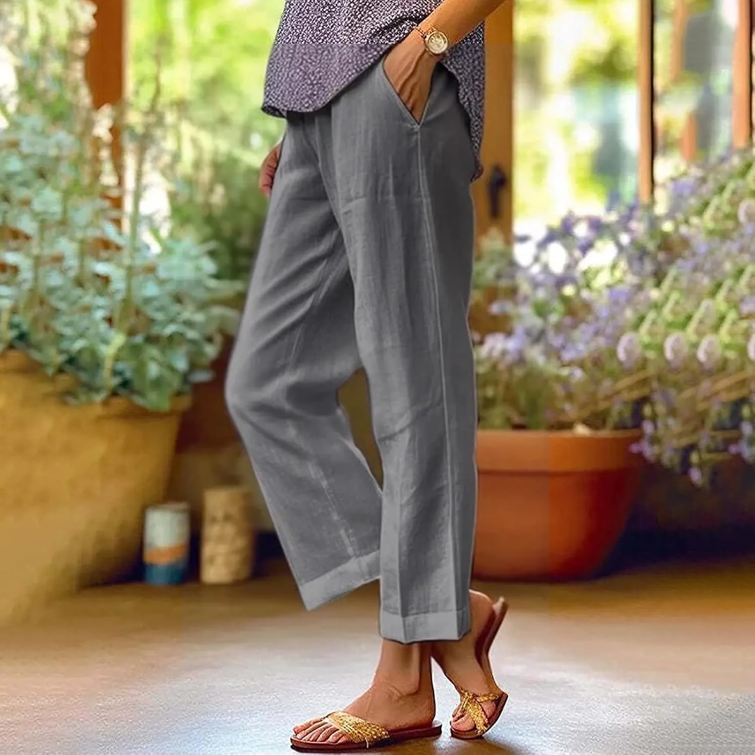 Women's Casual Cotton Linen Pants Solid Vintage Elastic Waisted Drawstring Summer Beach Baggy Capri with Pockets