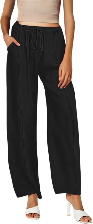Womens Casual Linen High Waist Pants Wide Leg Drawstring Loose Fit Summer Trousers Summer Beach Pant with Side Pocket