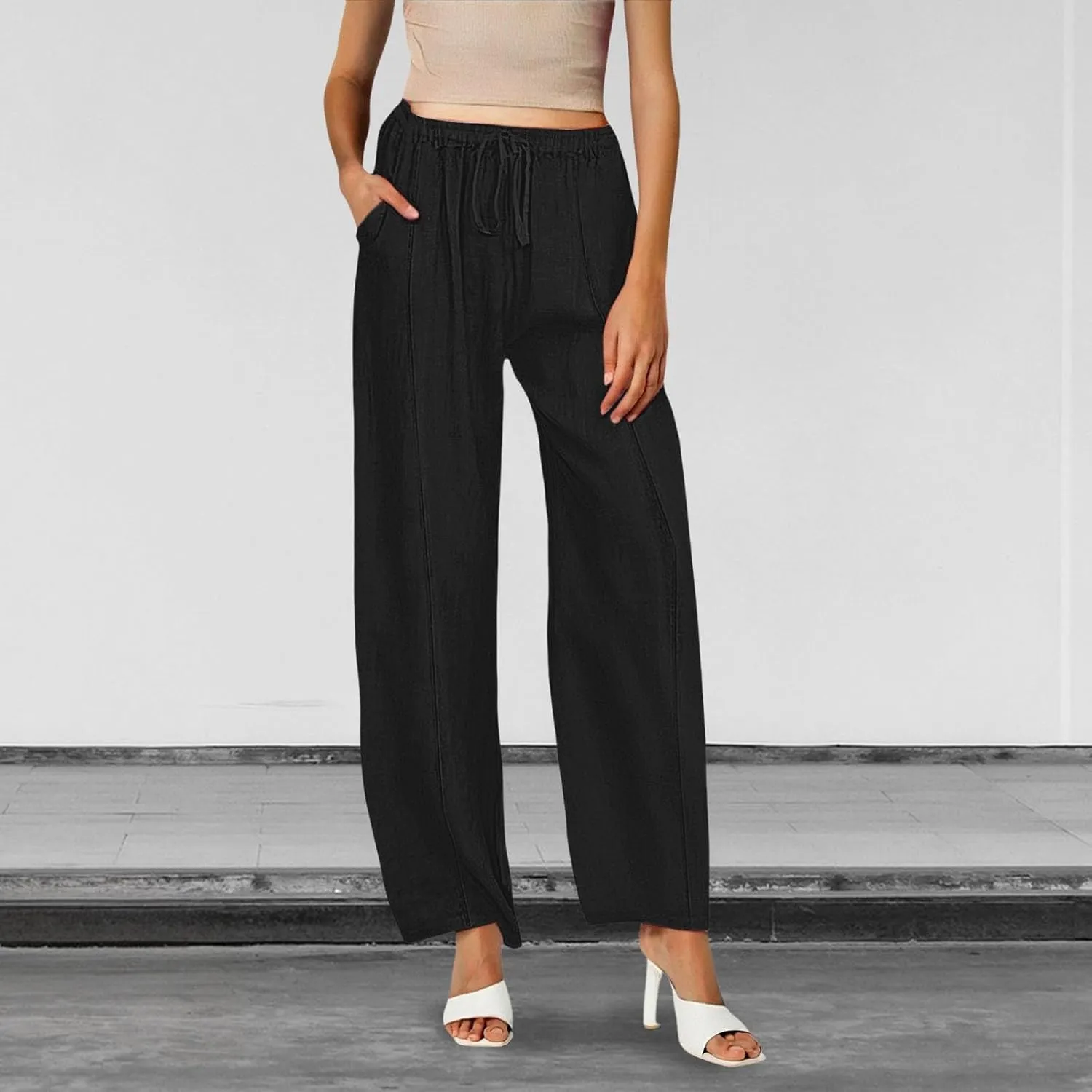Womens Casual Linen High Waist Pants Wide Leg Drawstring Loose Fit Summer Trousers Summer Beach Pant with Side Pocket