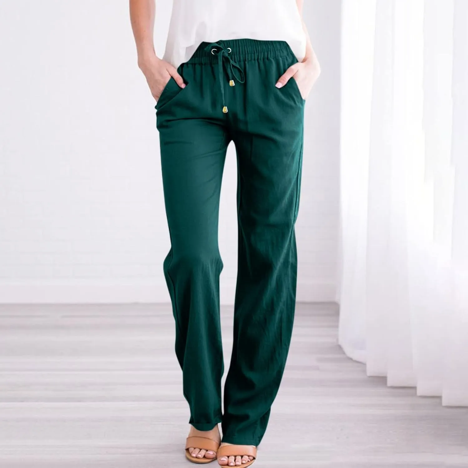 Womens Casual Linen Pants 2025 High Waist Drawstring Loose Fit Solid Summer Pants Trousers with Side Pockets