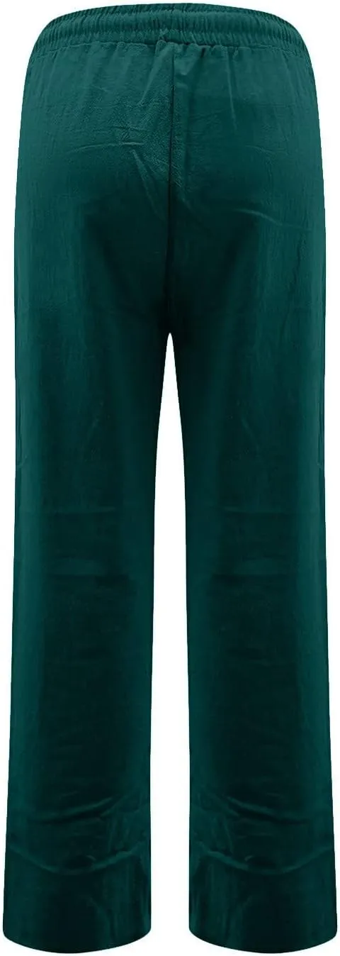 Womens Casual Linen Pants 2025 High Waist Drawstring Loose Fit Solid Summer Pants Trousers with Side Pockets