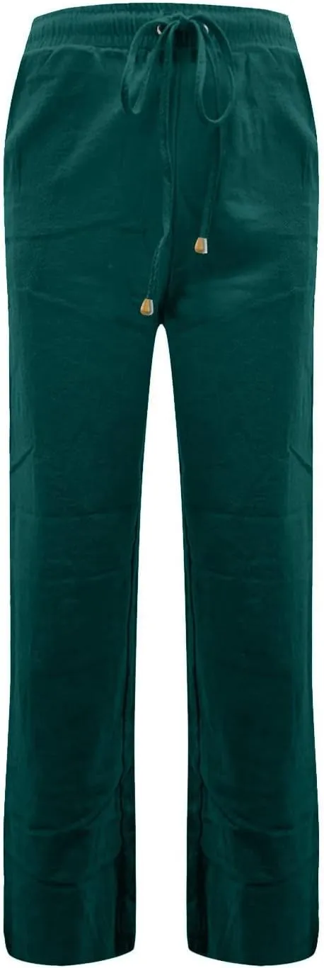 Womens Casual Linen Pants 2025 High Waist Drawstring Loose Fit Solid Summer Pants Trousers with Side Pockets