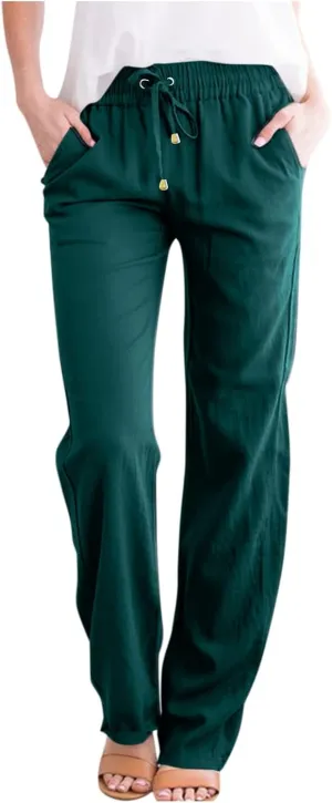 Womens Casual Linen Pants 2025 High Waist Drawstring Loose Fit Solid Summer Pants Trousers with Side Pockets