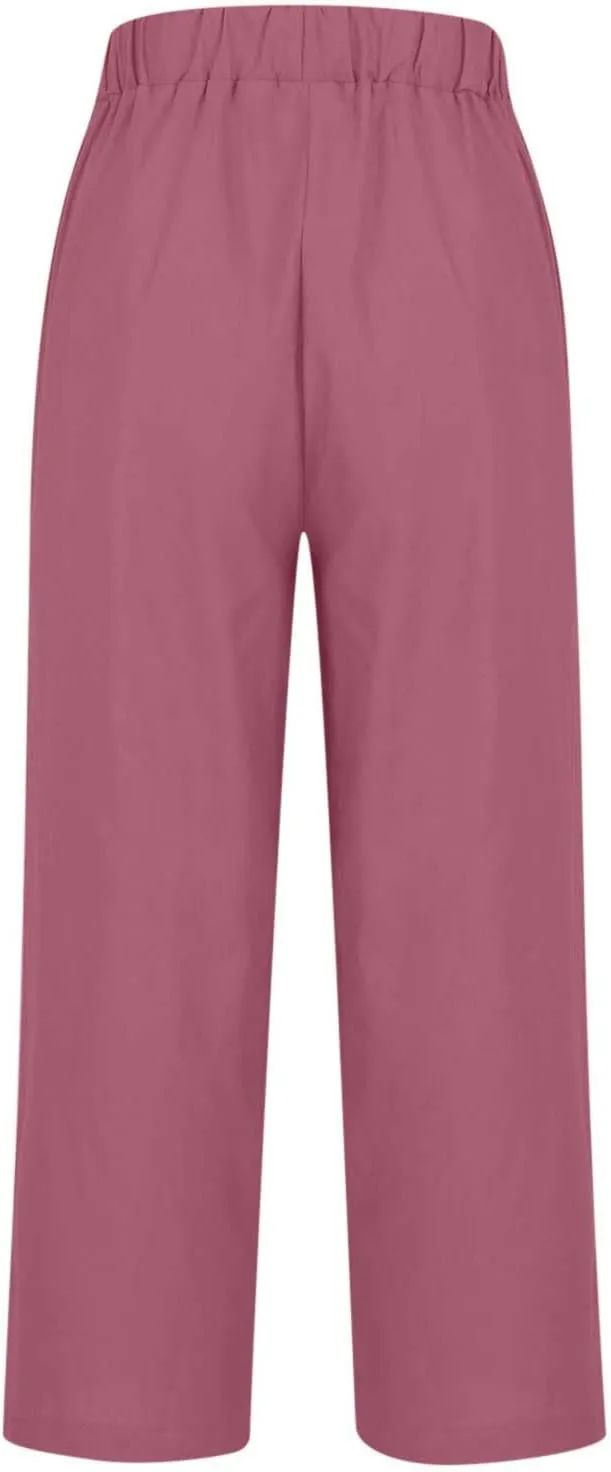 Women's Casual Linen Pants Baggy Elastic-Waisted Straight Leg Cropped Pants Cotton Lounge Trousers Loose Capri Pants