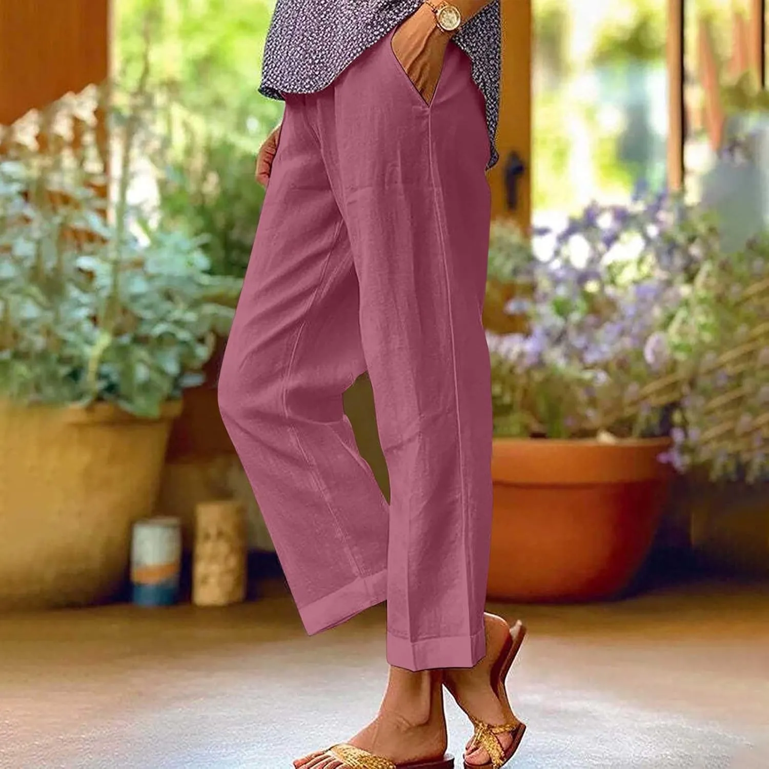Women's Casual Linen Pants Baggy Elastic-Waisted Straight Leg Cropped Pants Cotton Lounge Trousers Loose Capri Pants