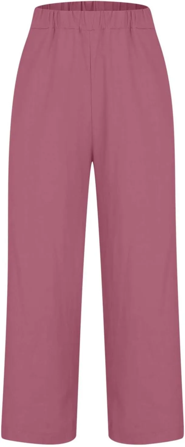 Women's Casual Linen Pants Baggy Elastic-Waisted Straight Leg Cropped Pants Cotton Lounge Trousers Loose Capri Pants