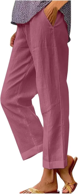 Women's Casual Linen Pants Baggy Elastic-Waisted Straight Leg Cropped Pants Cotton Lounge Trousers Loose Capri Pants
