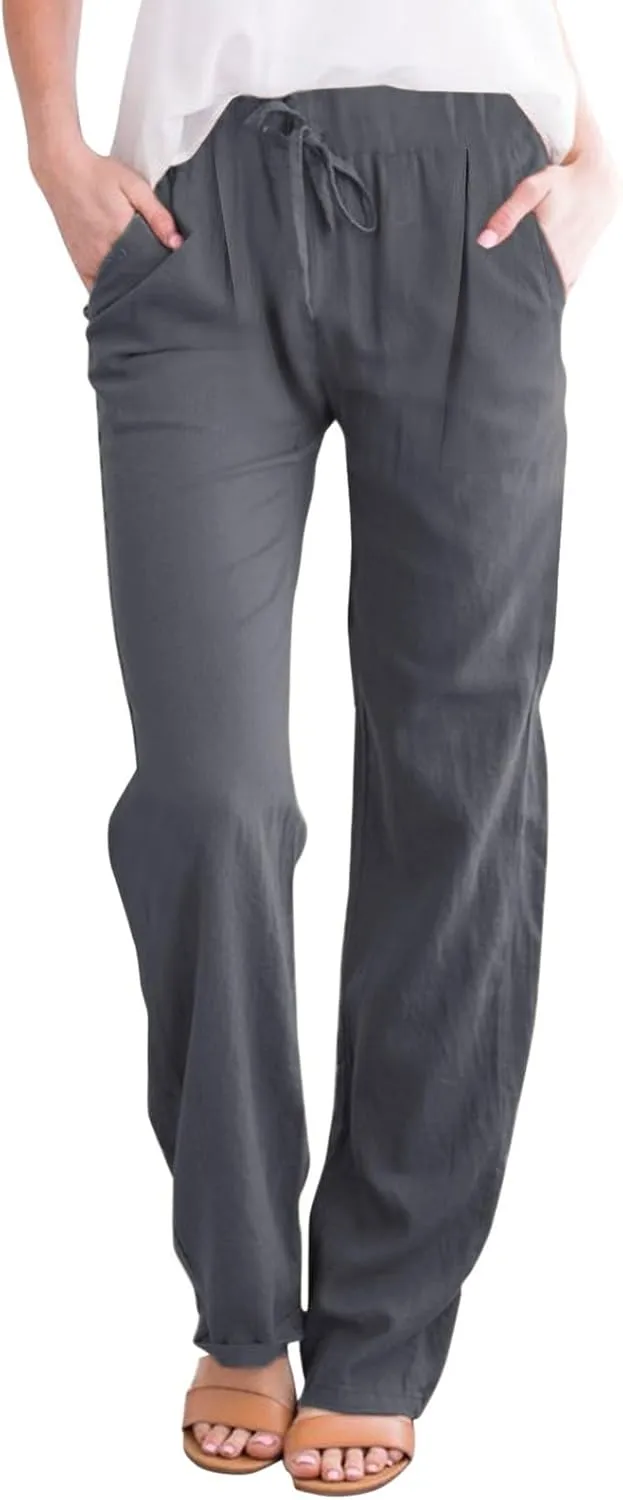 Womens Casual Linen Pants Lightweight Drawstring Elastic Waist Spring Summer Relax Fit Beach Slacks Comfy Trousers