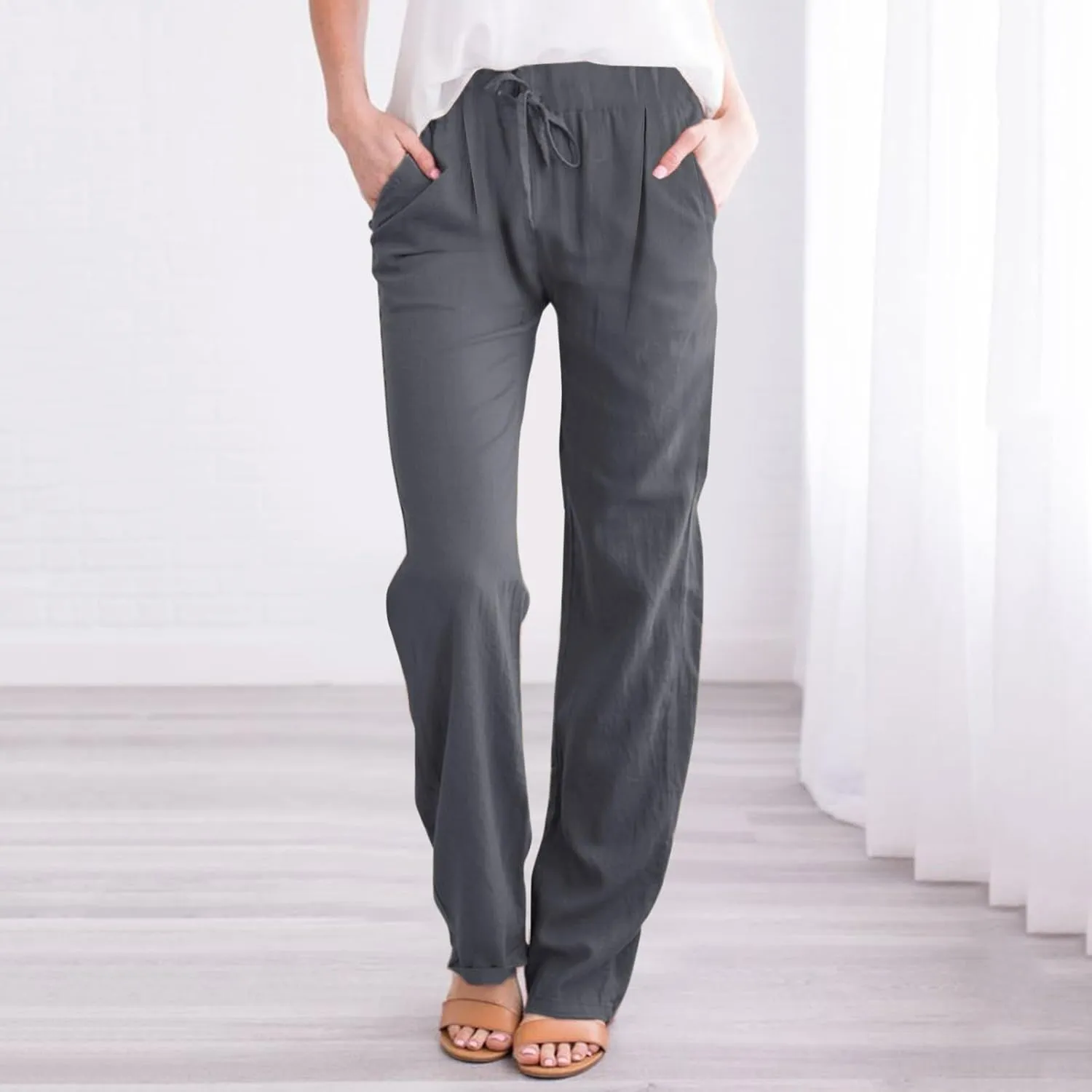 Womens Casual Linen Pants Lightweight Drawstring Elastic Waist Spring Summer Relax Fit Beach Slacks Comfy Trousers