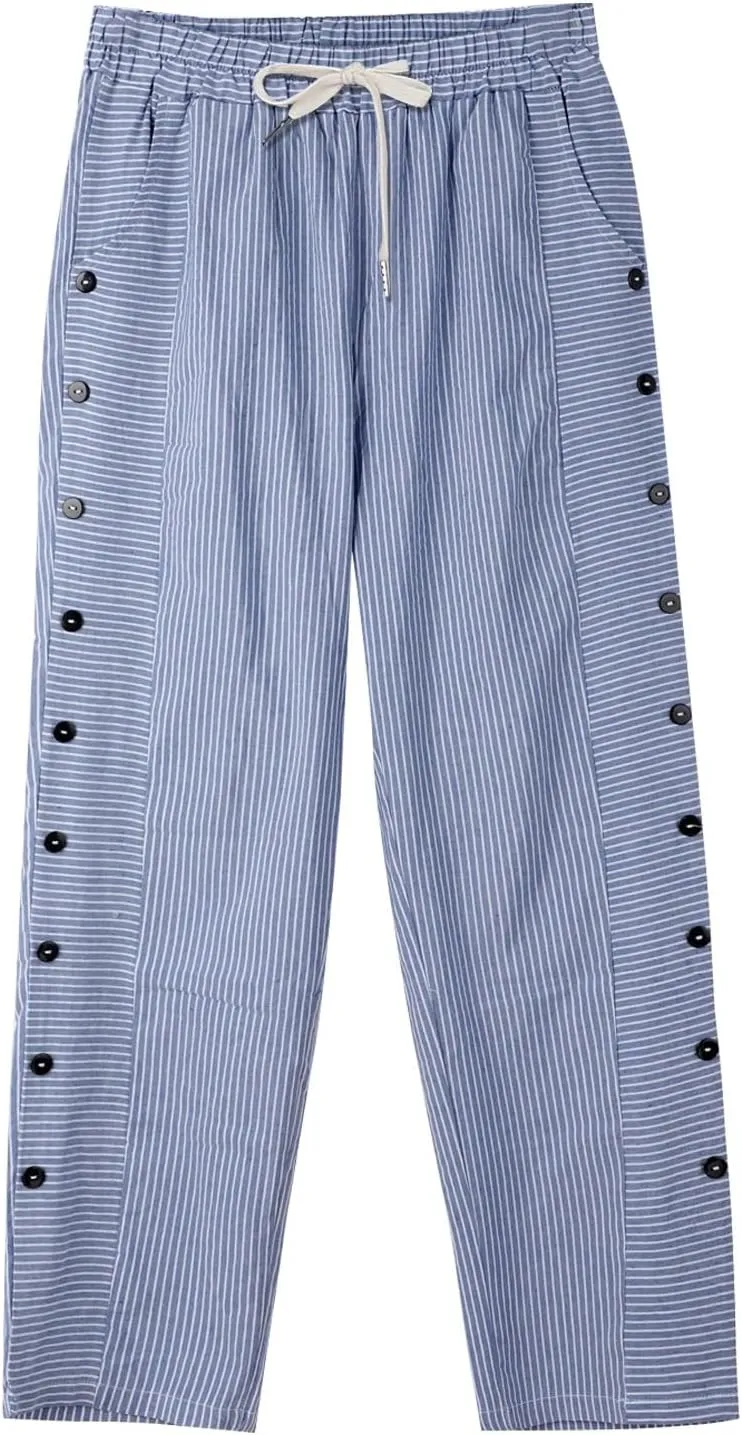Women's Casual Linen Pants Striped Side Button Elastic Waist Trendy Pants Straight Leg Baggy Trousers with Pockets