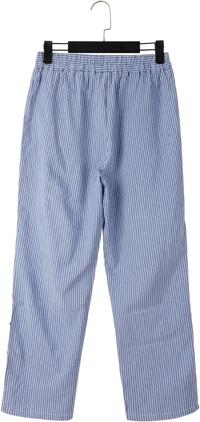 Women's Casual Linen Pants Striped Side Button Elastic Waist Trendy Pants Straight Leg Baggy Trousers with Pockets