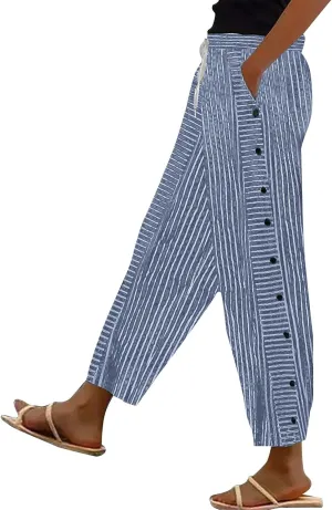 Women's Casual Linen Pants Striped Side Button Elastic Waist Trendy Pants Straight Leg Baggy Trousers with Pockets