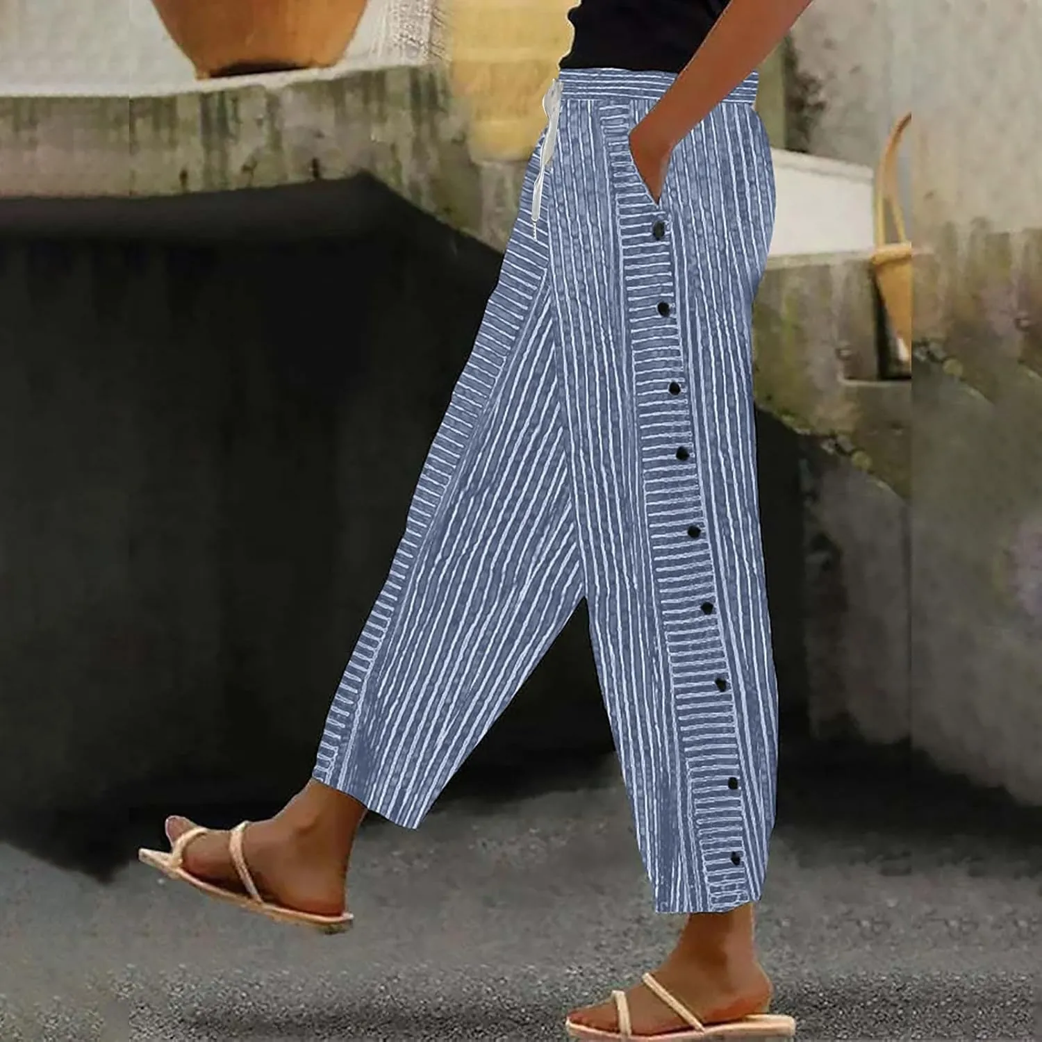 Women's Casual Linen Pants Striped Side Button Elastic Waist Trendy Pants Straight Leg Baggy Trousers with Pockets
