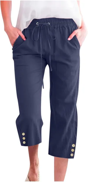 Womens Casual Summer Linen Pants Solid Color Elastic Waist Loose Pants Straight Wide Leg Trousers with Pockets