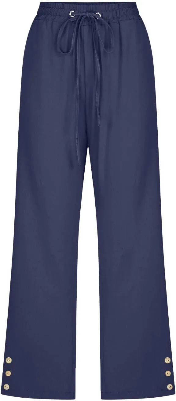 Womens Casual Summer Linen Pants Solid Color Elastic Waist Loose Pants Straight Wide Leg Trousers with Pockets