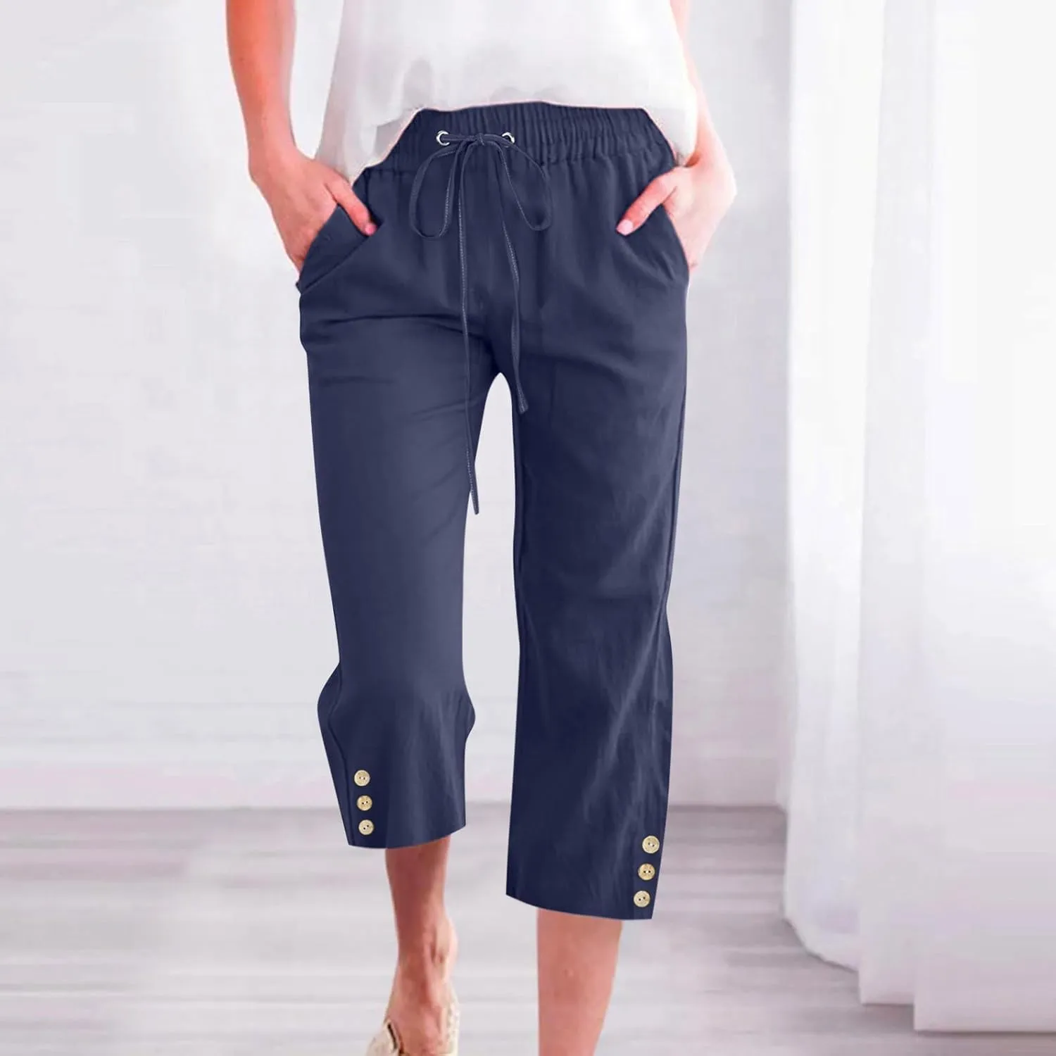 Womens Casual Summer Linen Pants Solid Color Elastic Waist Loose Pants Straight Wide Leg Trousers with Pockets