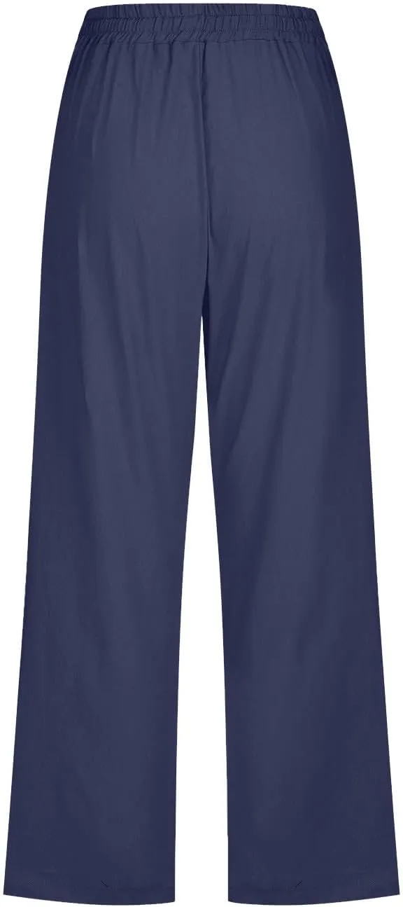 Womens Casual Summer Linen Pants Solid Color Elastic Waist Loose Pants Straight Wide Leg Trousers with Pockets