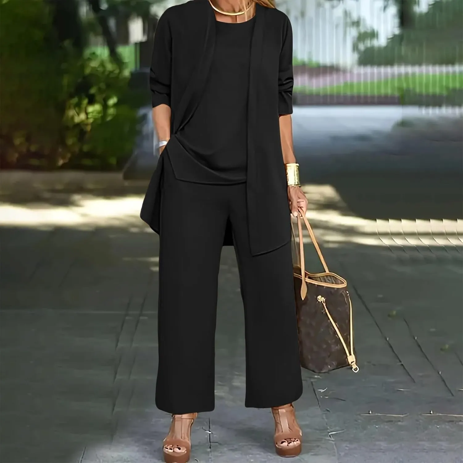 Womens Chiffon 3 Piece Outfit Sets Solid Formal Wide Leg Pant Suits Dressy Wedding Guest Pantsuits