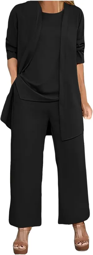 Womens Chiffon 3 Piece Outfit Sets Solid Formal Wide Leg Pant Suits Dressy Wedding Guest Pantsuits