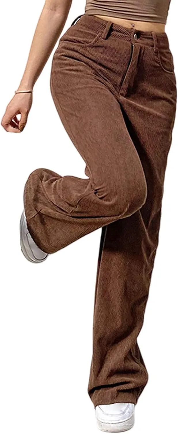 Women's Corduroy Pants High Waist Wide Leg Trousers with Pockets Comfy Loose Pants for Women Casual Straight Trousers
