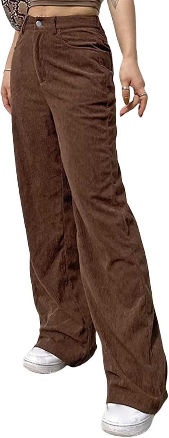 Women's Corduroy Pants High Waist Wide Leg Trousers with Pockets Comfy Loose Pants for Women Casual Straight Trousers