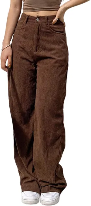 Women's Corduroy Pants High Waist Wide Leg Trousers with Pockets Comfy Loose Pants for Women Casual Straight Trousers