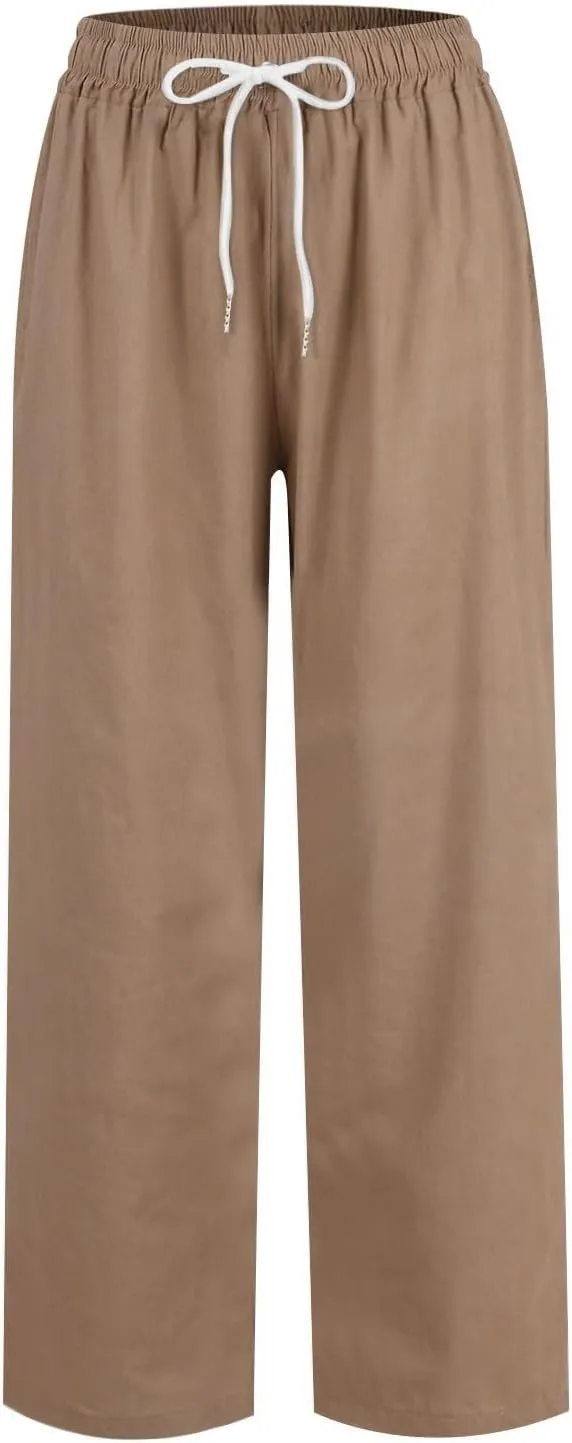 Women's Cotton Linen Baggy Harem Pants Casual Loose Fit High Waisted Beach Drawstring Pants Palazzo Trousers Pockets