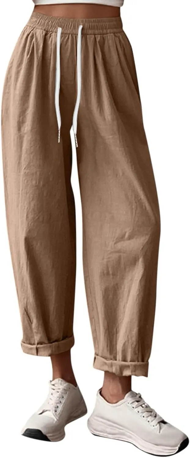 Women's Cotton Linen Baggy Harem Pants Casual Loose Fit High Waisted Beach Drawstring Pants Palazzo Trousers Pockets