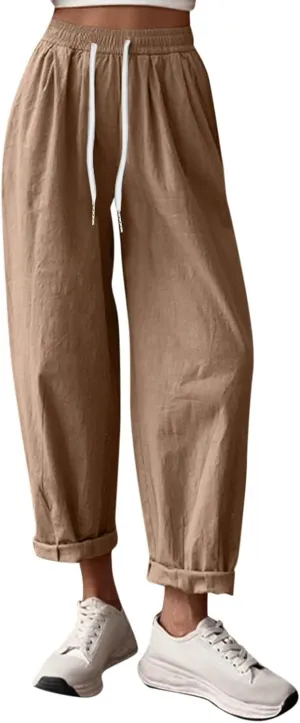 Women's Cotton Linen Baggy Harem Pants Casual Loose Fit High Waisted Beach Drawstring Pants Palazzo Trousers Pockets