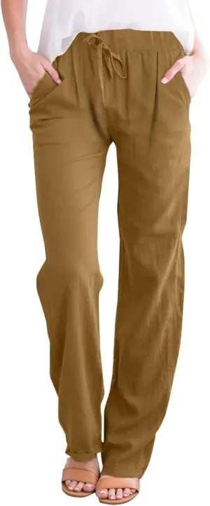 Women's Cotton Linen Capri Pants Solid Loose Fit Baggy High Waisted Casual Summer Vacation Trousers with Pockets