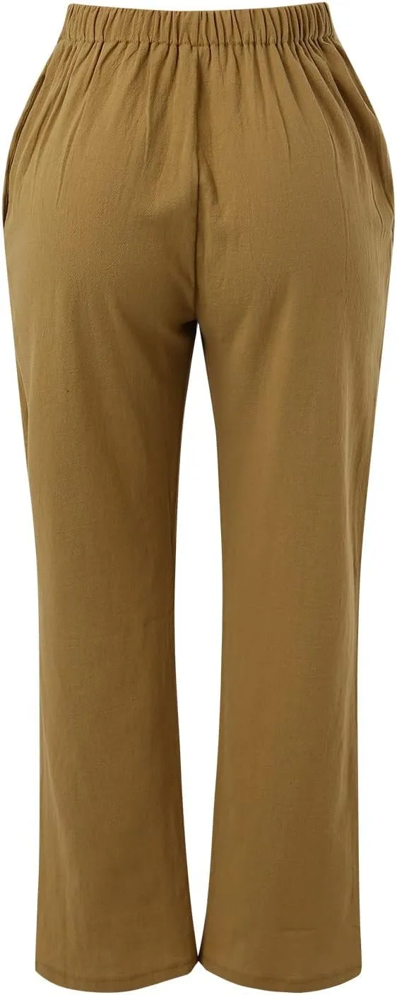 Women's Cotton Linen Capri Pants Solid Loose Fit Baggy High Waisted Casual Summer Vacation Trousers with Pockets
