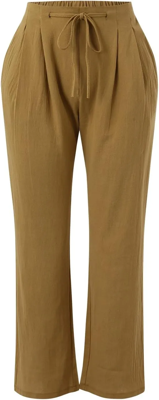 Women's Cotton Linen Capri Pants Solid Loose Fit Baggy High Waisted Casual Summer Vacation Trousers with Pockets