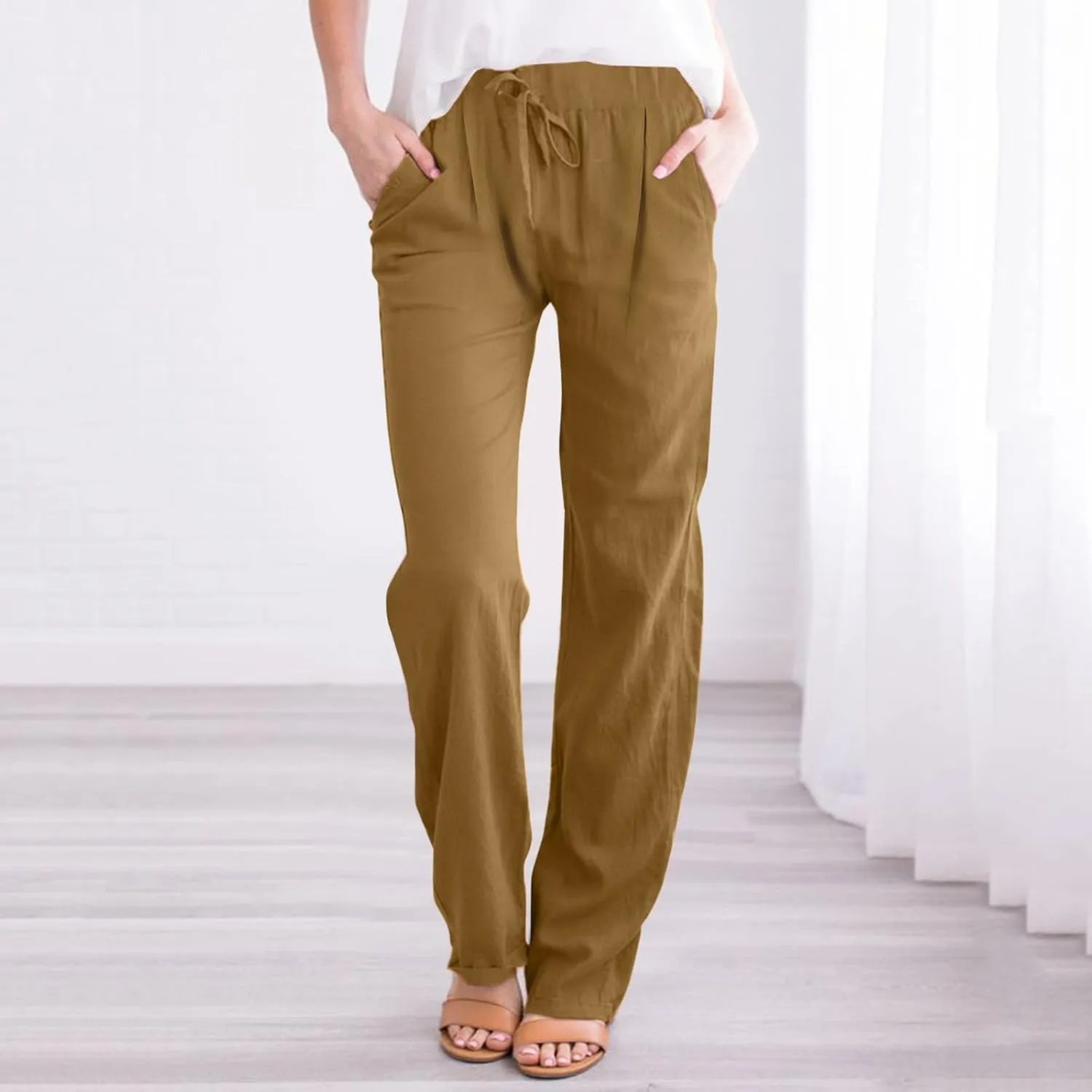 Women's Cotton Linen Capri Pants Solid Loose Fit Baggy High Waisted Casual Summer Vacation Trousers with Pockets