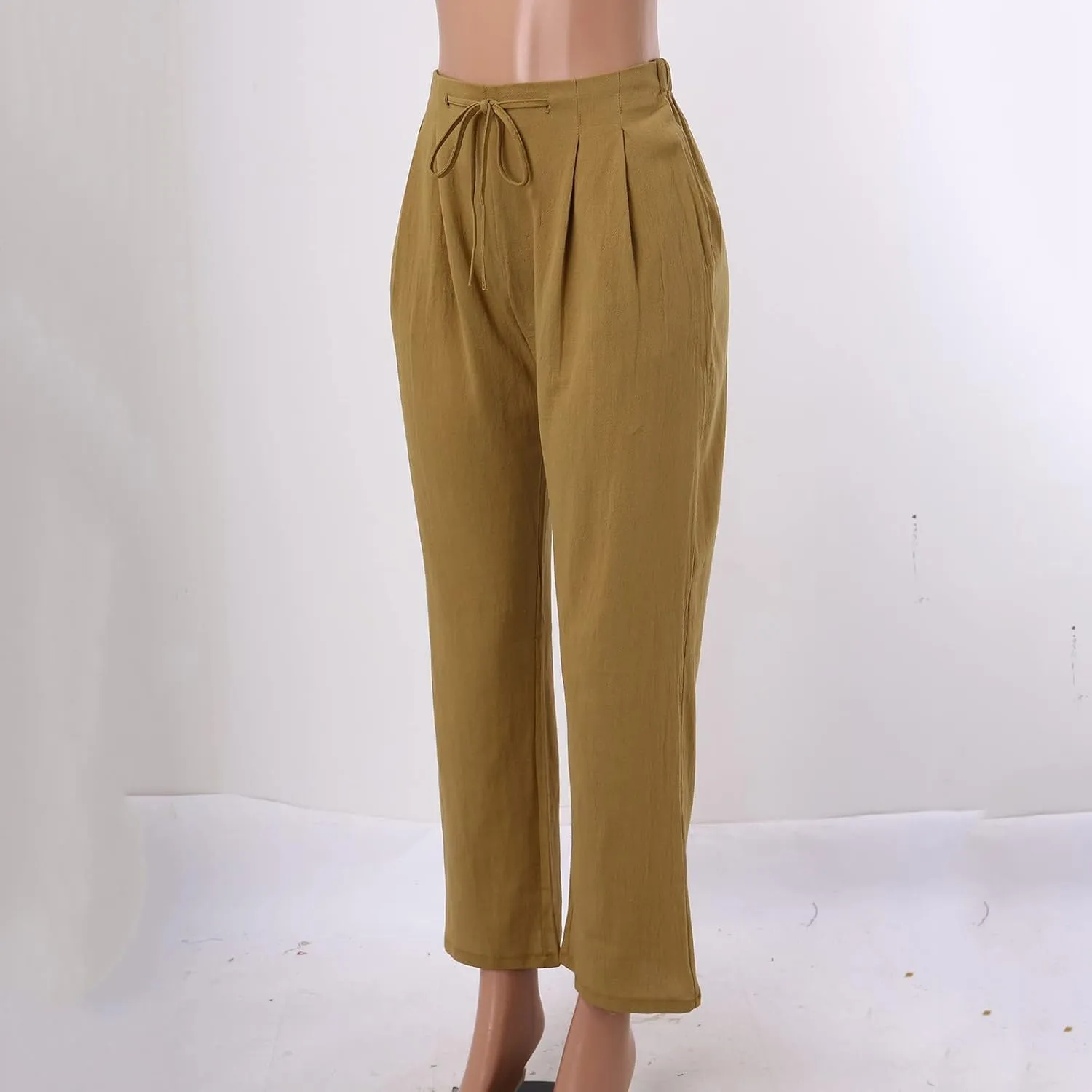 Women's Cotton Linen Capri Pants Solid Loose Fit Baggy High Waisted Casual Summer Vacation Trousers with Pockets