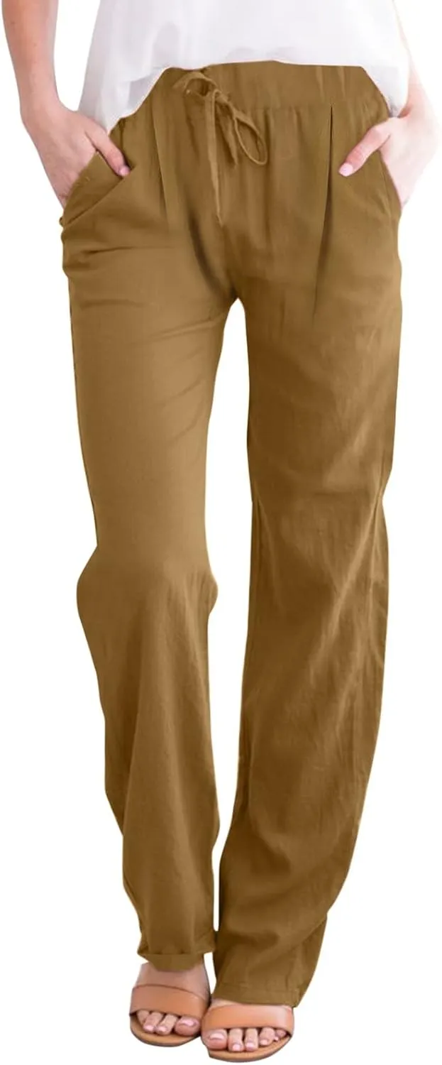Women's Cotton Linen Capri Pants Solid Loose Fit Baggy High Waisted Casual Summer Vacation Trousers with Pockets