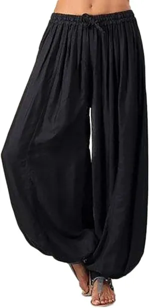 Women's Cotton Linen Lantern Trousers Solid Low-Waisted Relax Fit Pant Elastic Drawstring Wide Leg Pants for Causal