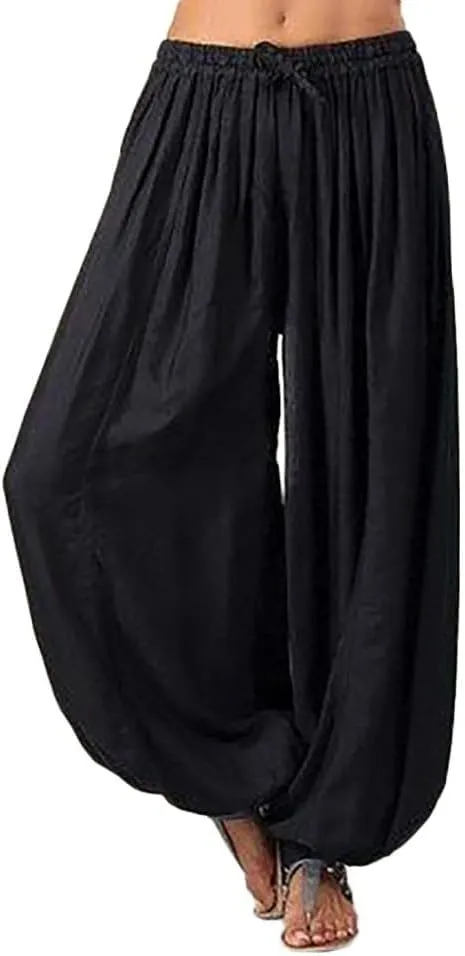 Women's Cotton Linen Lantern Trousers Solid Low-Waisted Relax Fit Pant Elastic Drawstring Wide Leg Pants for Causal