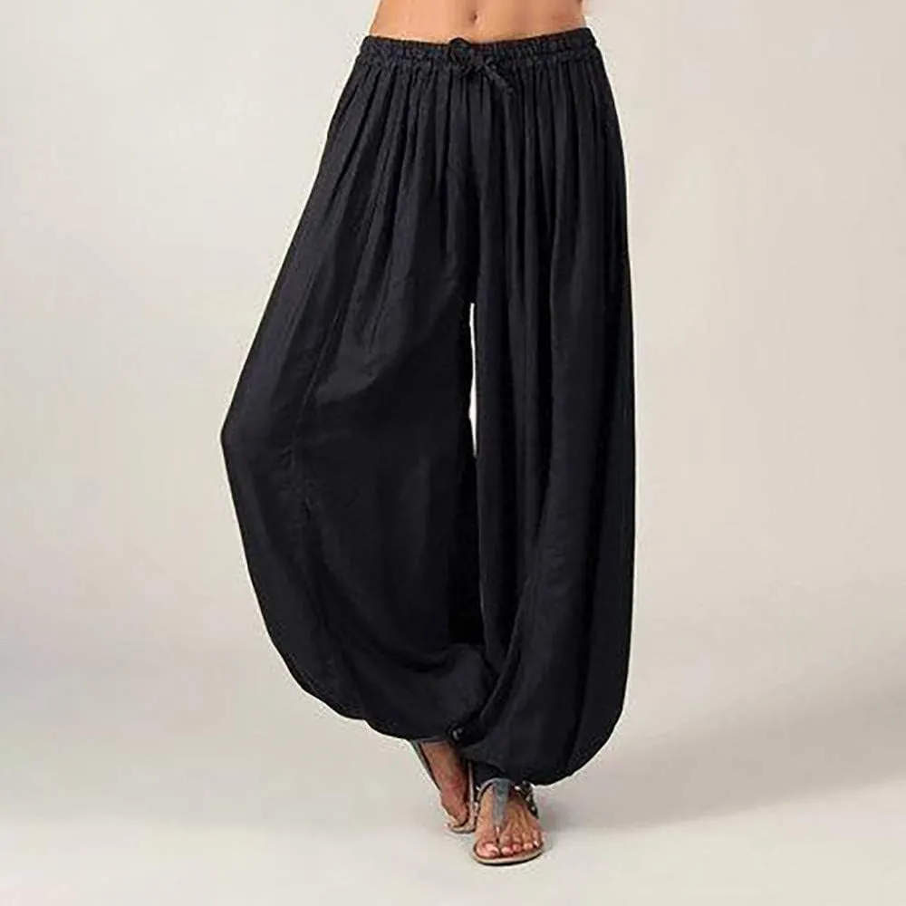 Women's Cotton Linen Lantern Trousers Solid Low-Waisted Relax Fit Pant Elastic Drawstring Wide Leg Pants for Causal
